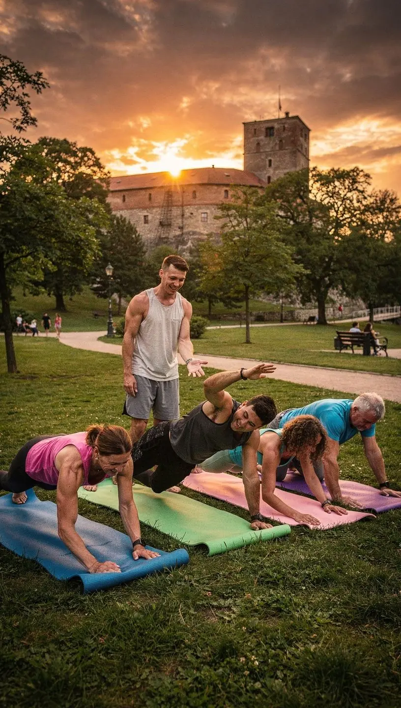 Grupa uczestników zajęć jogi, skoncentrowanych na stabilizacji ciała i budowaniu siły rdzenia.