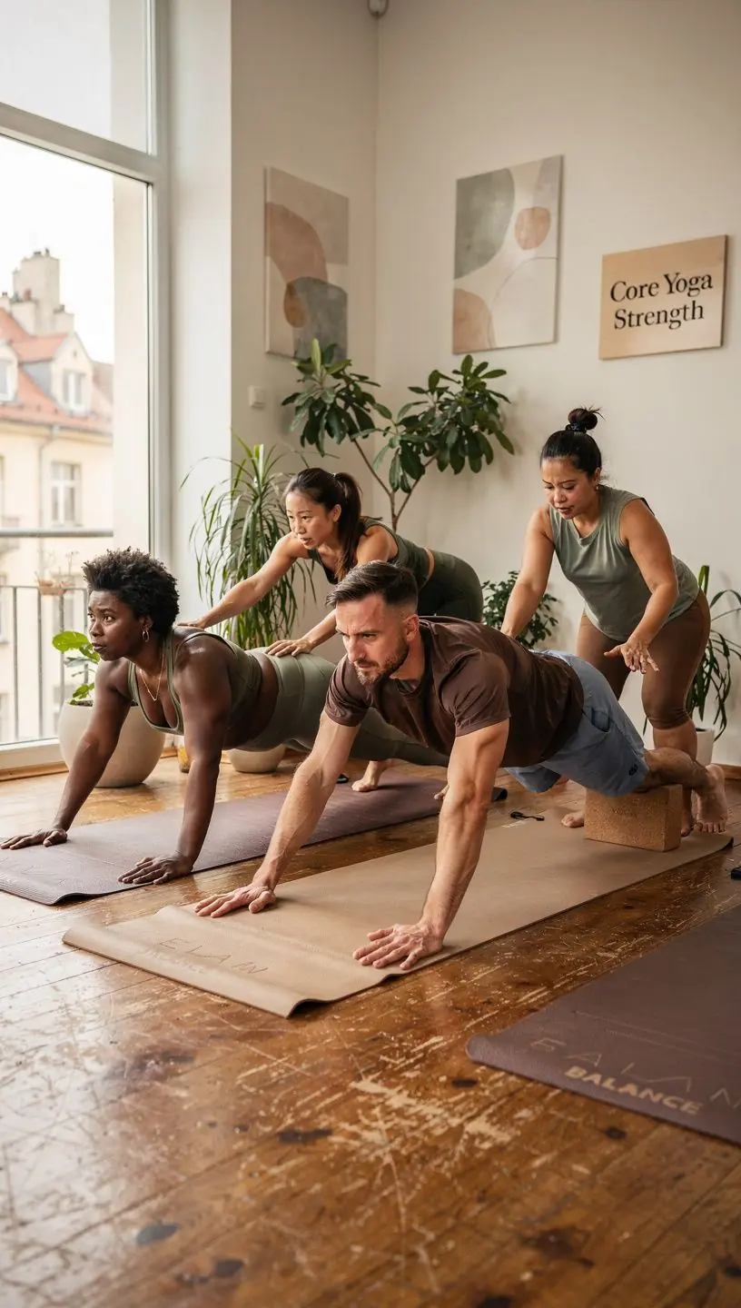 Grupa uczestników zajęć jogi, pracujących nad stabilnym centrum ciała podczas ćwiczeń oddechowych.