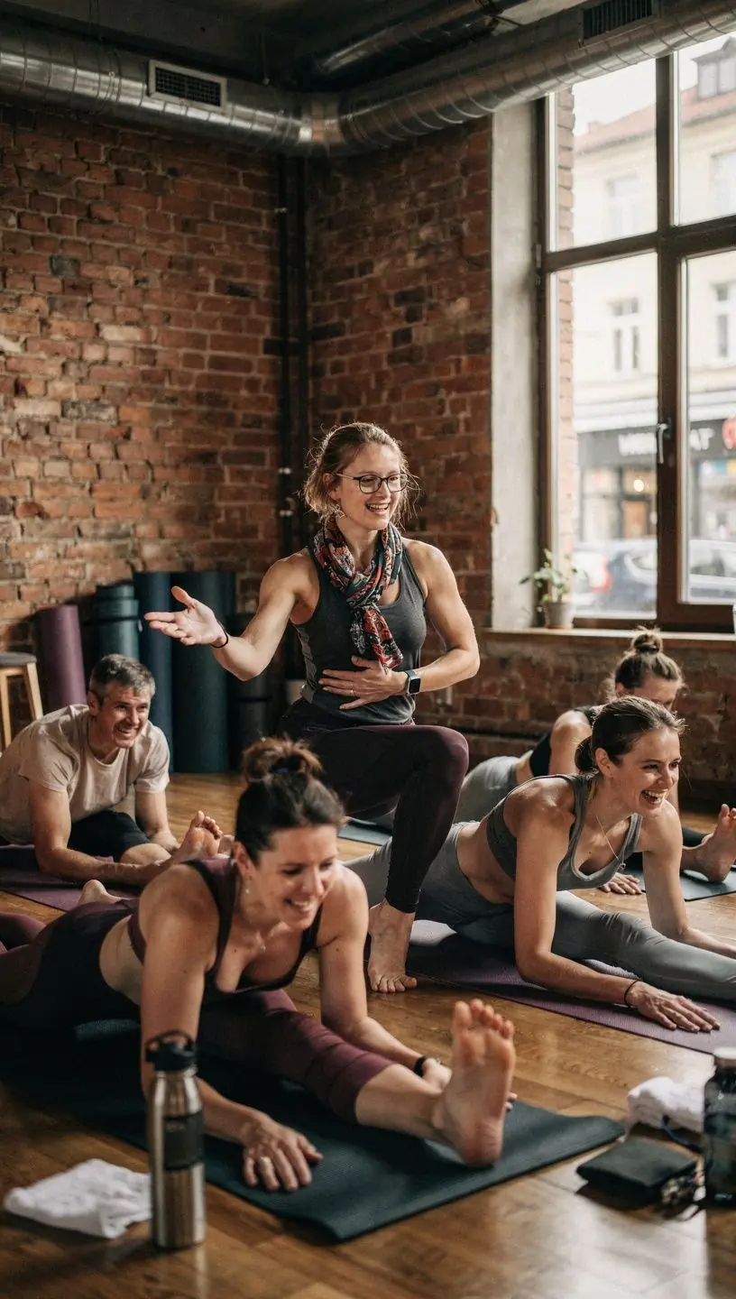Grupa uczestników zajęć jogi, pracujących nad stabilnym centrum ciała podczas ćwiczeń oddechowych.