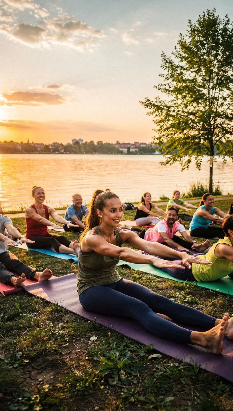 Grupa uczestników zajęć jogi, pracujących nad stabilnym centrum ciała podczas ćwiczeń oddechowych.