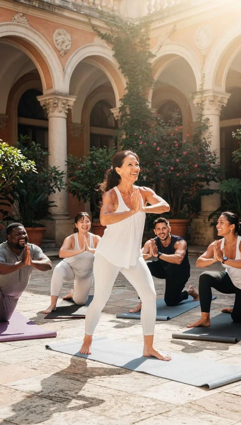 Grupa uczestników zajęć jogi, pracujących nad stabilnym centrum ciała podczas ćwiczeń oddechowych.