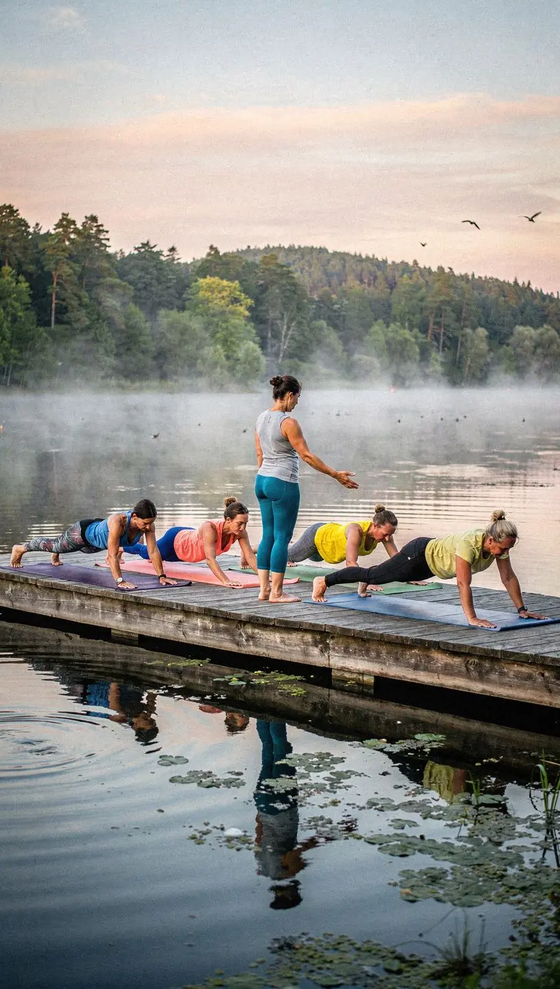 Grupa uczestników zajęć jogi, pracujących nad stabilnym centrum ciała podczas ćwiczeń oddechowych.
